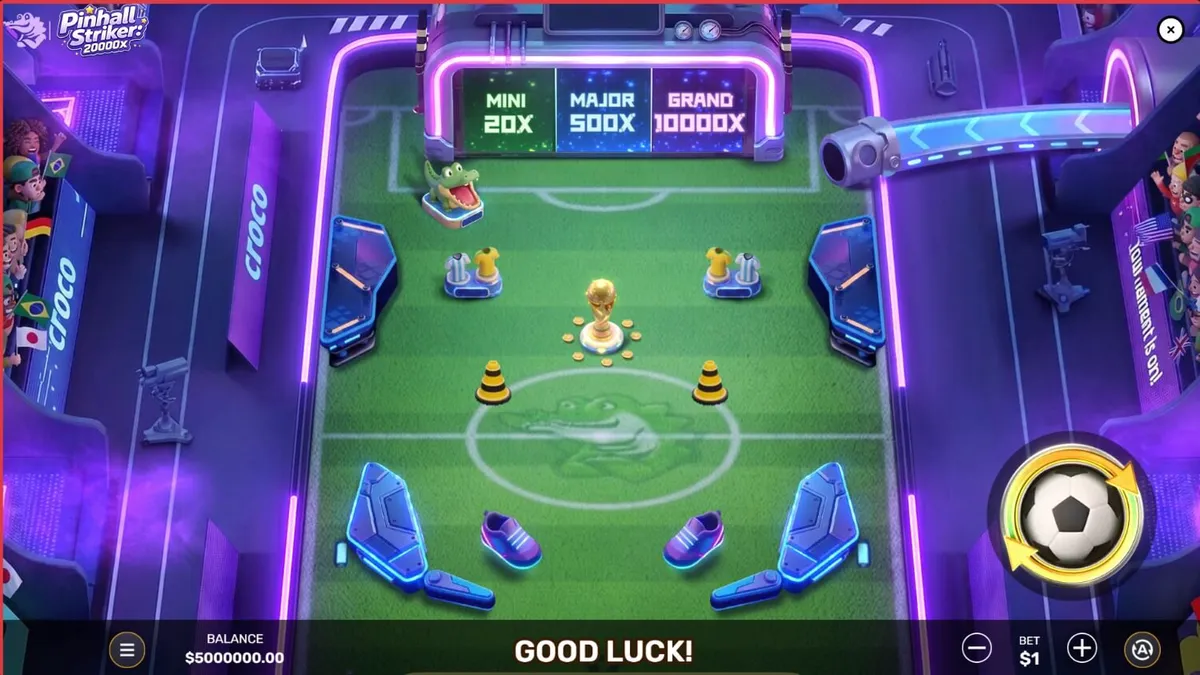 Pinball Striker 20,000x স্লট গেমের নিওন ফুটবল স্টেডিয়াম ইন্টারফেস