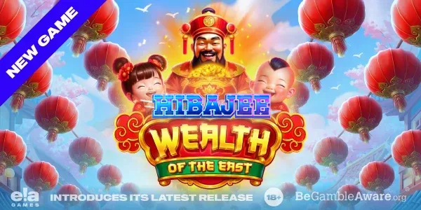 Wealth of the East slot game screen showing festive lanterns and golden symbols.